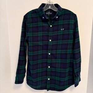 Vineyard Vines Boys Flannel Plaid Whale Shirt Forestpine Blue Green Size S (7-8)